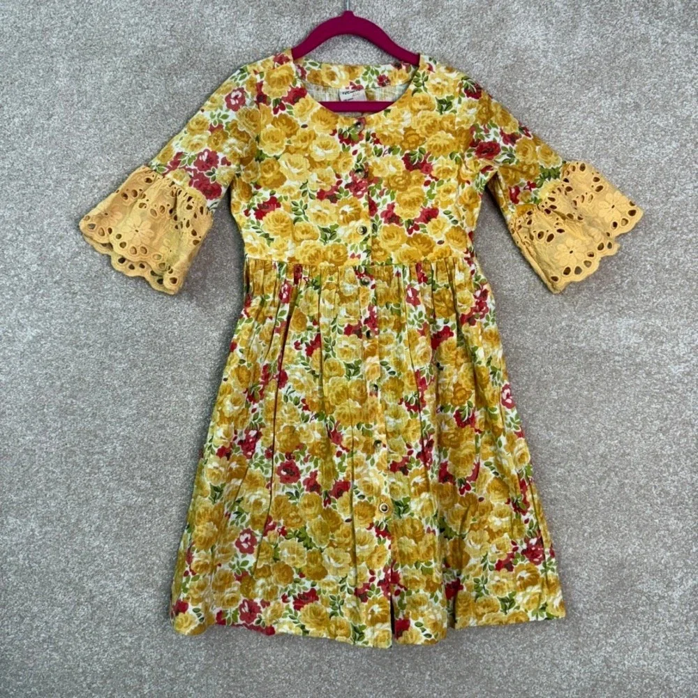 UTSA KIDS‎ Dress Girls 7/8 Yellow Cotton Floral Boho Youth Kids